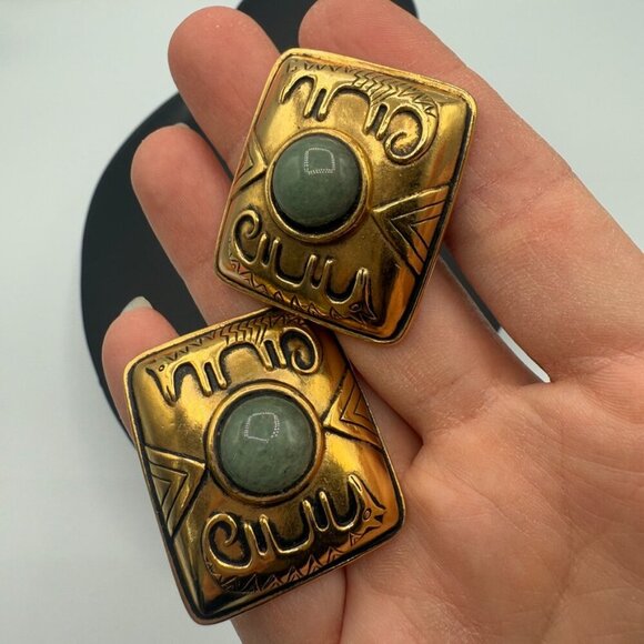 Vintage 1980s Laurel Burch Chunky Tribal Clip On Earrings - Picture 8 of 11